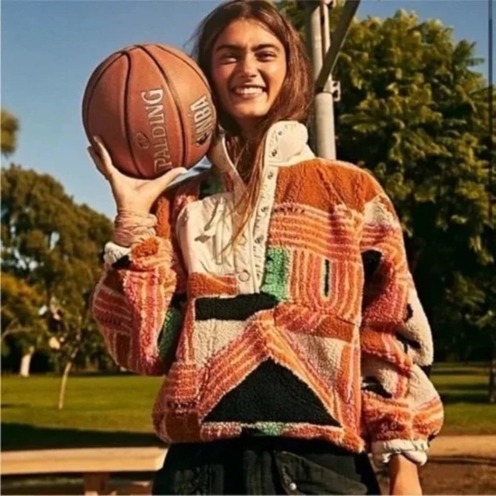 NWT FREE PEOPLE HIT THE SLOPES FLEECE PULLOVER, ORANGE WAVE, SMALL